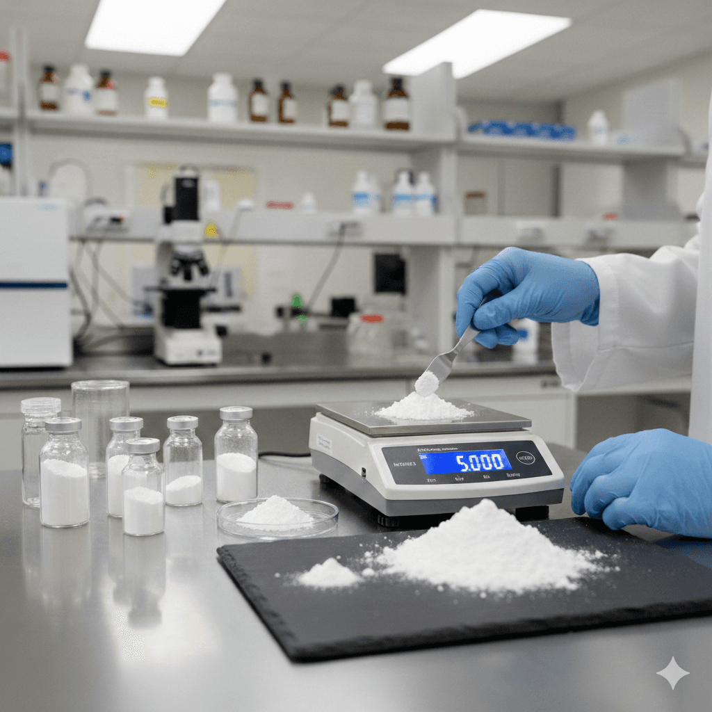 High-purity ingredient powder in a laboratory setting